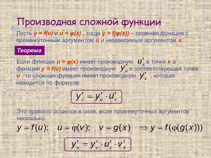 Производная сложной функции Пусть y = f(u) и u =