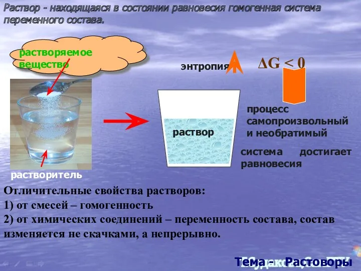 Раствор - находящаяся в состоянии равновесия гомогенная система переменного состава.