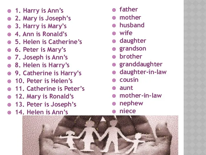 1. Harry is Ann’s 2. Mary is Joseph’s 3. Harry
