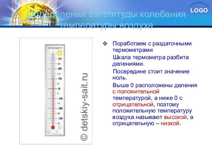 Определения амплитуды колебания температуры воздуха Поработаем с раздаточными термометрами Шкала