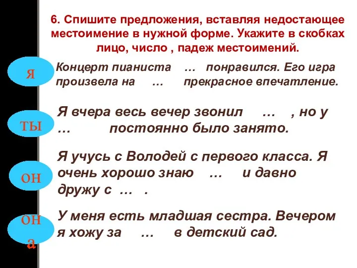 6. Спишите предложения, вставляя недостающее местоимение в нужной форме. Укажите