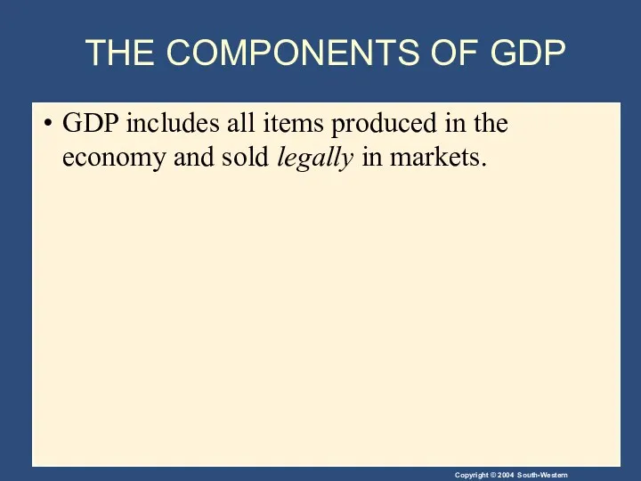 THE COMPONENTS OF GDP GDP includes all items produced in