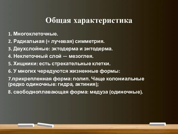 Общая характеристика 1. Многоклеточные. 2. Радиальная (= лучевая) симметрия. 3.