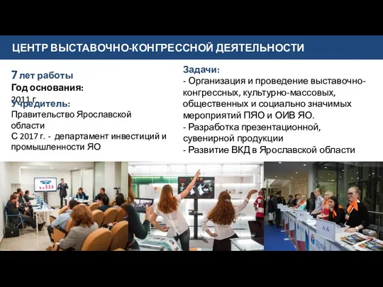 ЦЕНТР ВЫСТАВОЧНО-КОНГРЕССНОЙ ДЕЯТЕЛЬНОСТИ 7 лет работы Год основания: 2011 г.