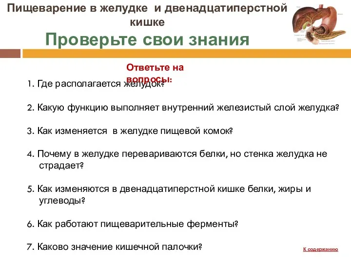 Пищеварение в желудке и двенадцатиперстной кишке Проверьте свои знания 1.