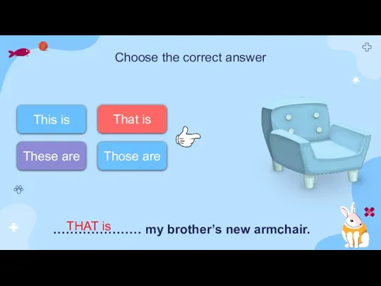 Choose the correct answer ………………… my brother’s new armchair. This