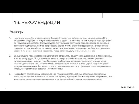 16. РЕКОМЕНДАЦИИ Выводы На отдельном сайте открытка имела больший успех,