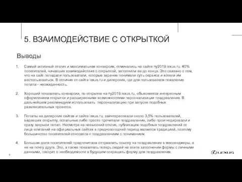 5. ВЗАИМОДЕЙСТВИЕ С ОТКРЫТКОЙ Выводы Самый активный отклик и максимальная