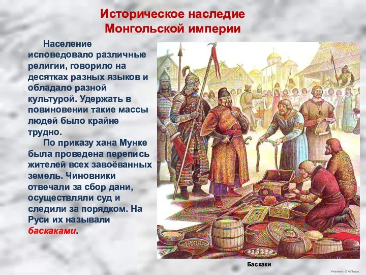 Учитель: С.А.Попов. Историческое наследие Монгольской империи Население исповедовало различные религии, говорило на десятках