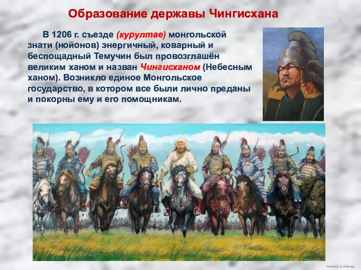 Учитель: С.А.Попов. Образование державы Чингисхана В 1206 г. съезде (курултае) монгольской знати (нойонов)