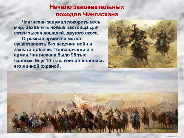 Учитель: С.А.Попов. Начало завоевательных походов Чингисхана Чингисхан задумал покорить весь