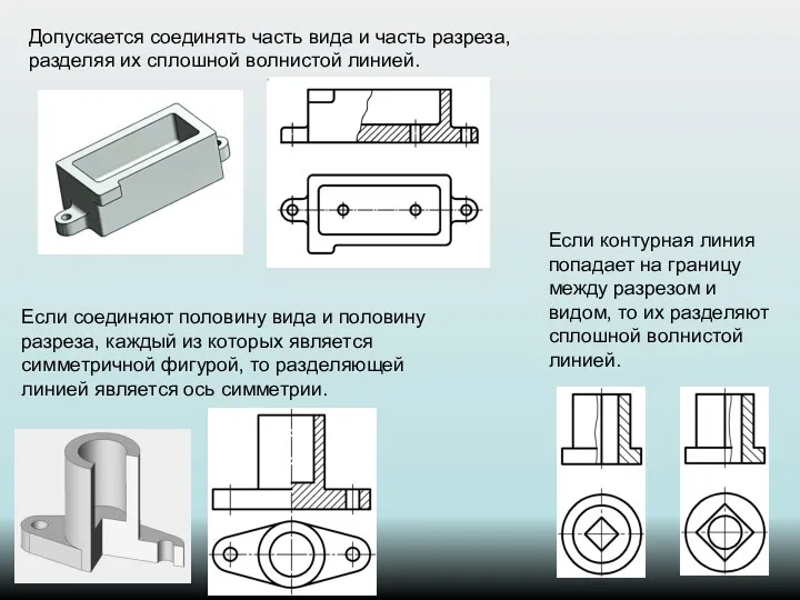 Допускается соединять часть вида и часть разреза, разделяя их сплошной