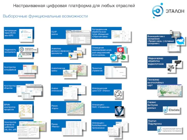 Аналитические срезы Настраиваемая цифровая платформа для любых отраслей Выборочные функциональные возможности