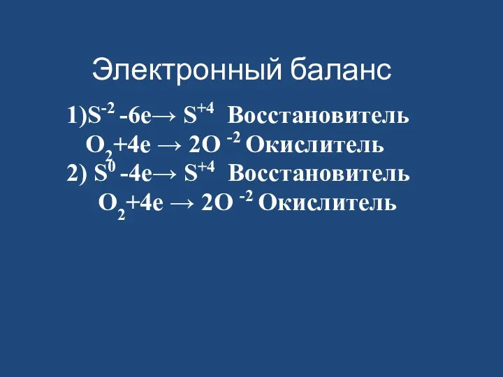 Электронный баланс 1)S-2 -6е→ S+4 Восстановитель O2+4е → 2O -2