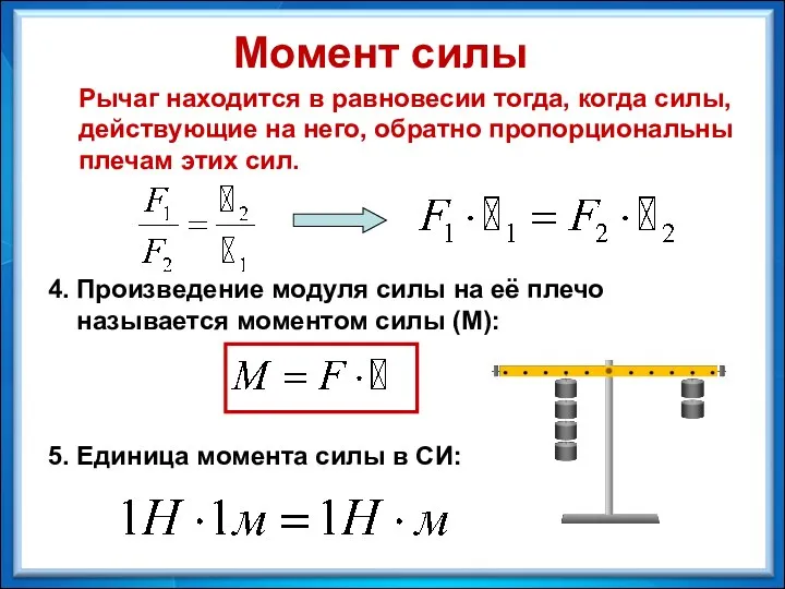 Рычаг находится в равновесии тогда, когда силы, действующие на него,