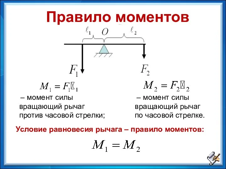 – момент силы вращающий рычаг по часовой стрелке. Правило моментов