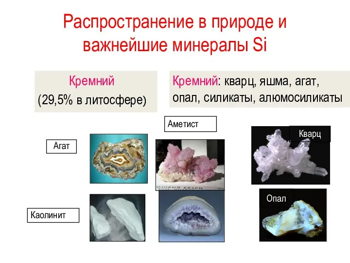 Распространение в природе и важнейшие минералы Si Кремний (29,5% в