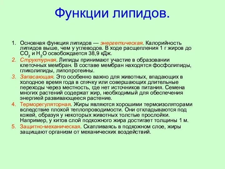 Функции липидов. Основная функция липидов — энергетическая. Калорийность липидов выше,