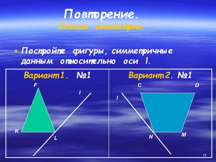 Повторение. Осевая симметрия. Постройте фигуры, симметричные данным относительно оси l.