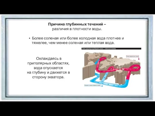 Причина глубинных течений – различия в плотности воды. Более соленая