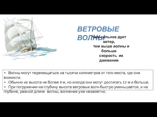 ВЕТРОВЫЕ ВОЛНЫ Чем сильнее дует ветер, тем выше волны и