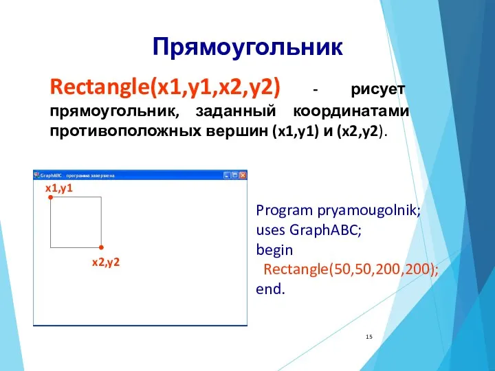 Прямоугольник Rectangle(x1,y1,x2,y2) - рисует прямоугольник, заданный координатами противоположных вершин (x1,y1)