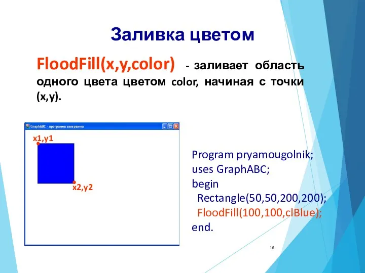 Заливка цветом FloodFill(x,y,color) - заливает область одного цвета цветом color,