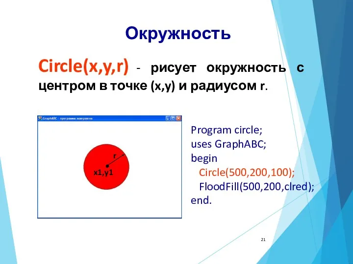 Circle(x,y,r) - рисует окружность с центром в точке (x,y) и