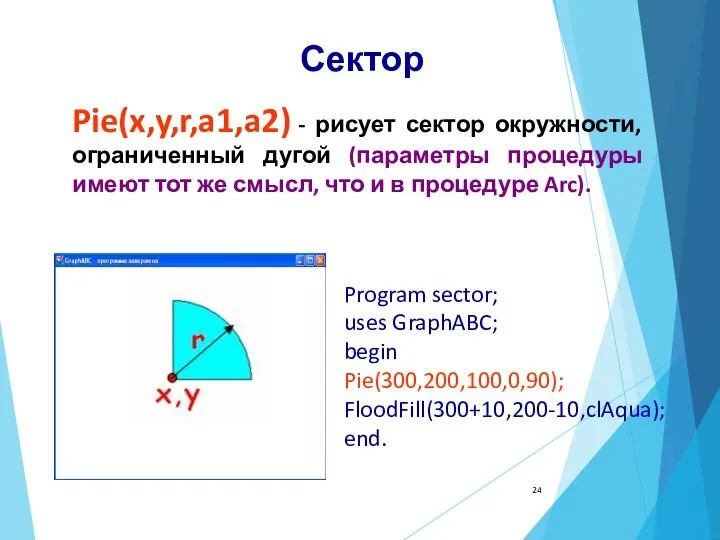 Pie(x,y,r,a1,a2) - рисует сектор окружности, ограниченный дугой (параметры процедуры имеют