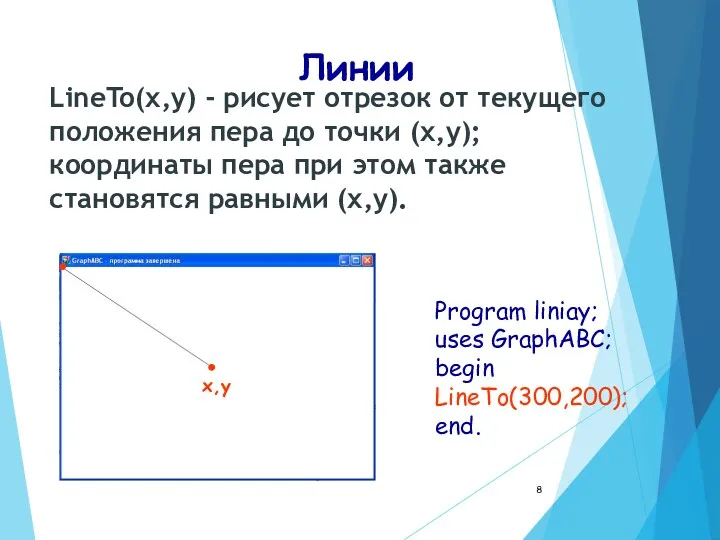 Линии LineTo(x,y) - рисует отрезок от текущего положения пера до