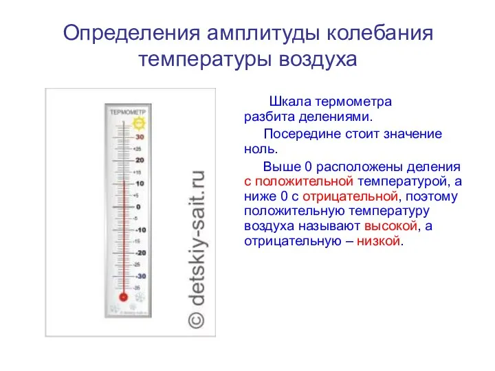 Определения амплитуды колебания температуры воздуха Шкала термометра разбита делениями. Посередине