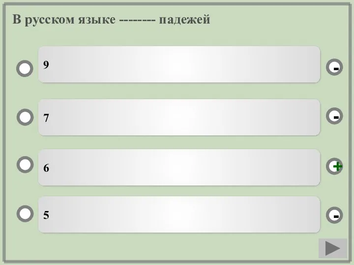 В русском языке -------- падежей 6 7 5 9 - - + -