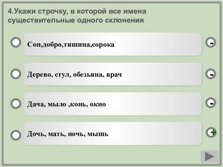 4.Укажи строчку, в которой все имена существительные одного склонения Сон,добро,тишина,сорока