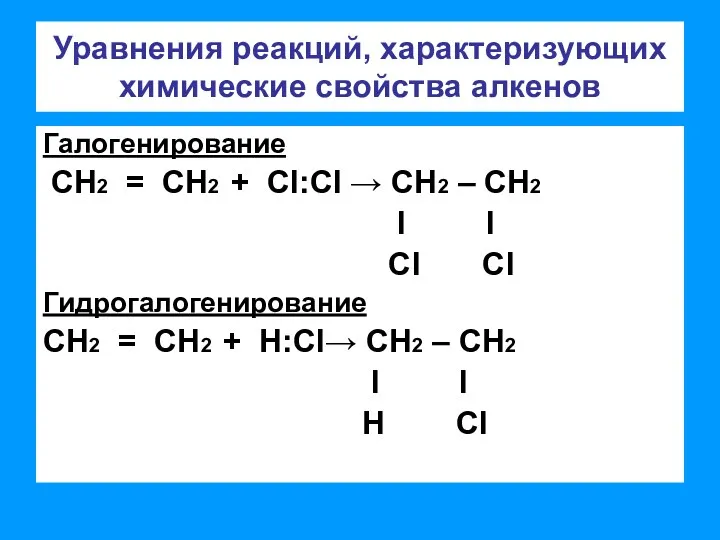 Уравнения реакций, характеризующих химические свойства алкенов Галогенирование СН2 = СН2