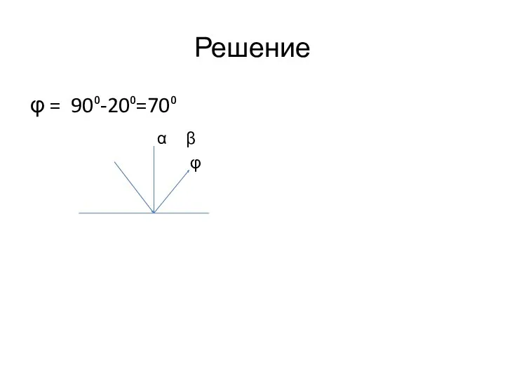 Решение φ = 90⁰-20⁰=70⁰ α β φ