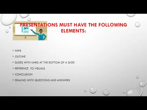 PRESENTATIONS MUST HAVE THE FOLLOWING ELEMENTS: AIMS OUTLINE SLIDES WITH