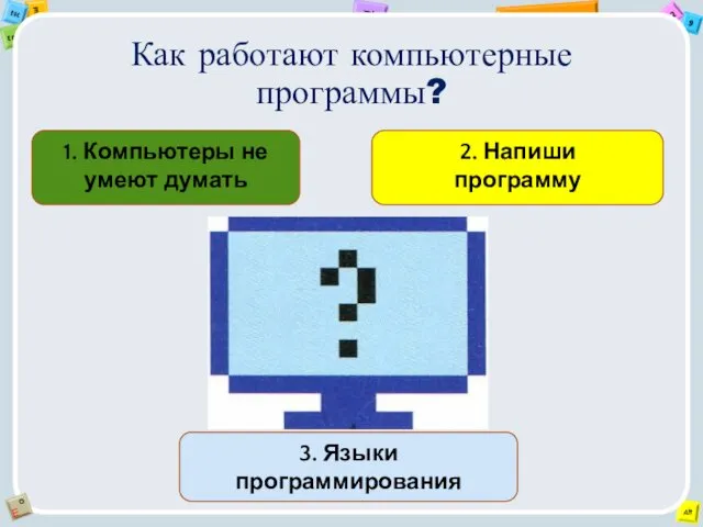 Как работают компьютерные программы? 1. Компьютеры не умеют думать 2. Напиши программу 3. Языки программирования