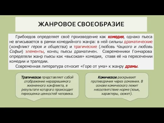 ЖАНРОВОЕ СВОЕОБРАЗИЕ Грибоедов определяет своё произведение как комедия, однако пьеса