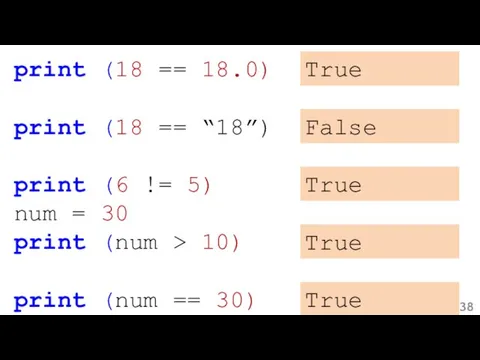 print (18 == 18.0) print (18 == “18”) print (6 != 5) num