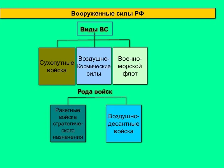 Рода войск Ракетные войска стратегиче-ского назначения Воздушно-десантные войска Сухопутные войска