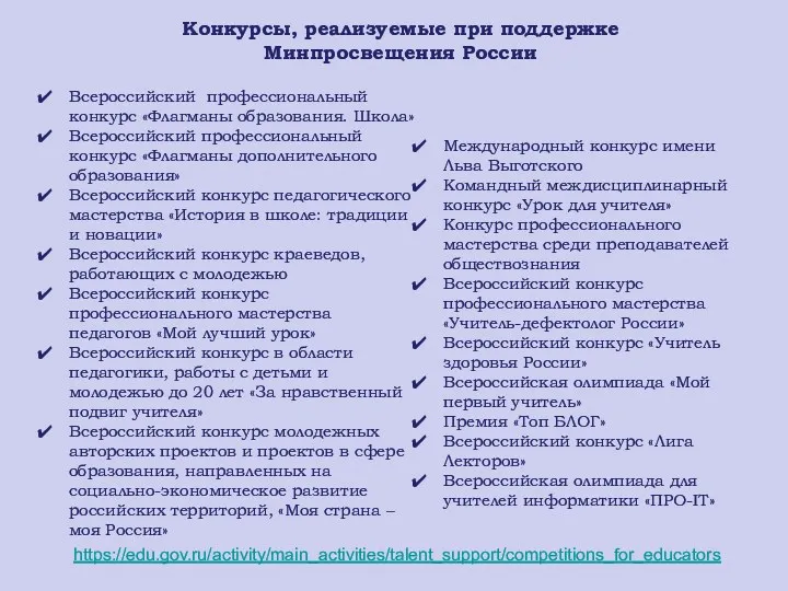 Конкурсы, реализуемые при поддержке Минпросвещения России https://edu.gov.ru/activity/main_activities/talent_support/competitions_for_educators