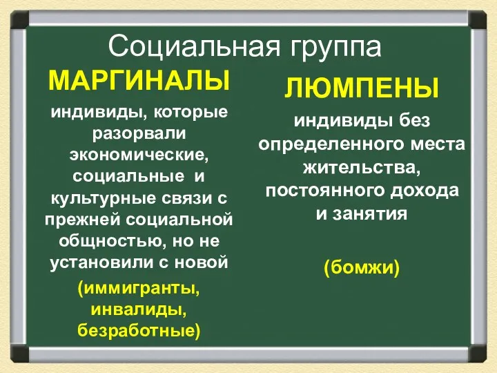 Социальная группа МАРГИНАЛЫ индивиды, которые разорвали экономические, социальные и культурные