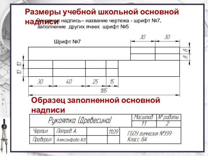 Образец заполненной основной надписи Размеры учебной школьной основной надписи Шрифт №7 Основная надпись–