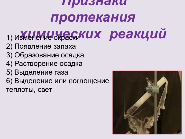 Признаки протекания химических реакций 1) Изменение окраски 2) Появление запаха