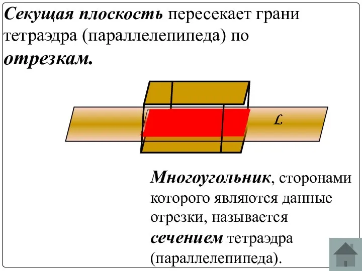 Секущая плоскость пересекает грани тетраэдра (параллелепипеда) по отрезкам. Многоугольник, сторонами