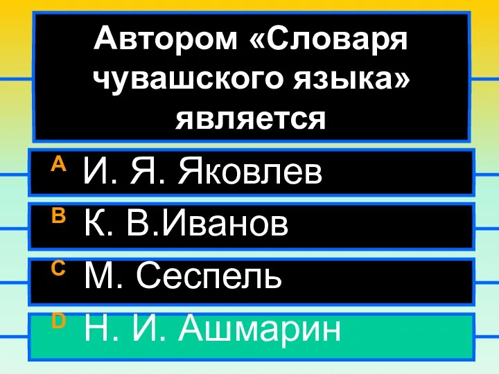 Автором «Словаря чувашского языка» является A И. Я. Яковлев B