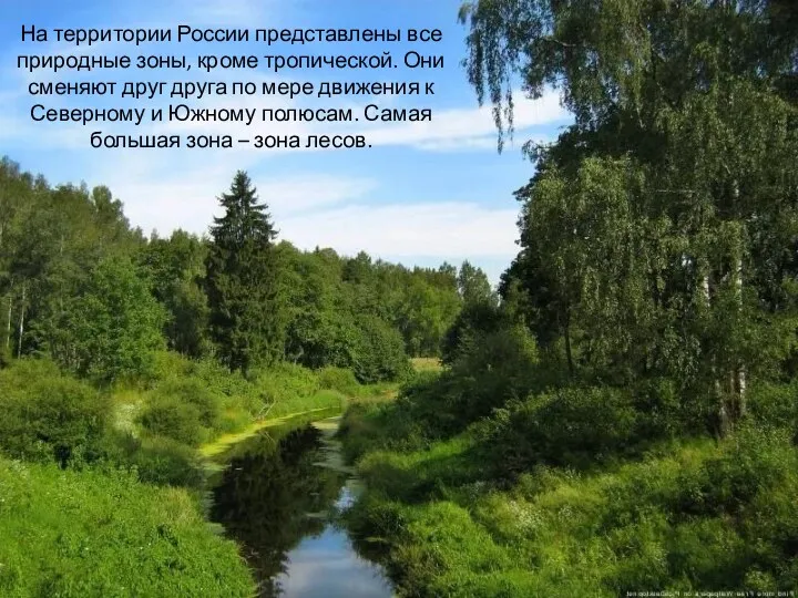 На территории России представлены все природные зоны, кроме тропической. Они