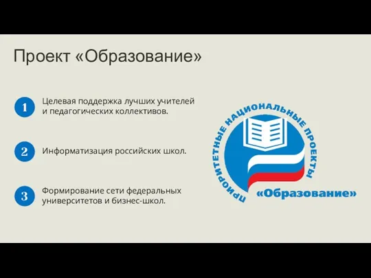 Проект «Образование» Целевая поддержка лучших учителей и педагогических коллективов. 1 Информатизация российских школ.