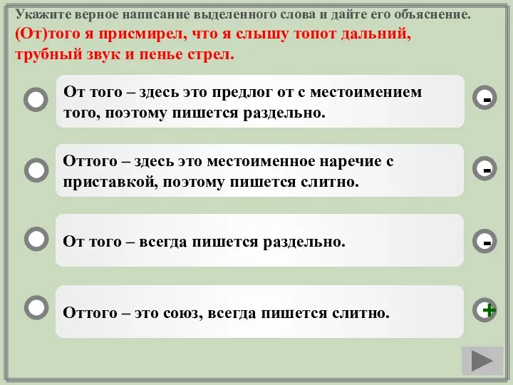 Укажите верное написание выделенного слова и дайте его объяснение. (От)того