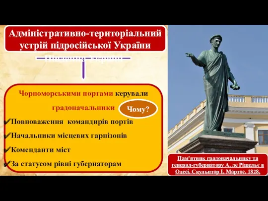 Адміністративно-територіальний устрій підросійської України Чорноморськими портами керували градоначальники Повноваження командирів портів Начальники місцевих